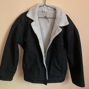 Black Demin Coat, Lined with White Faux Fur